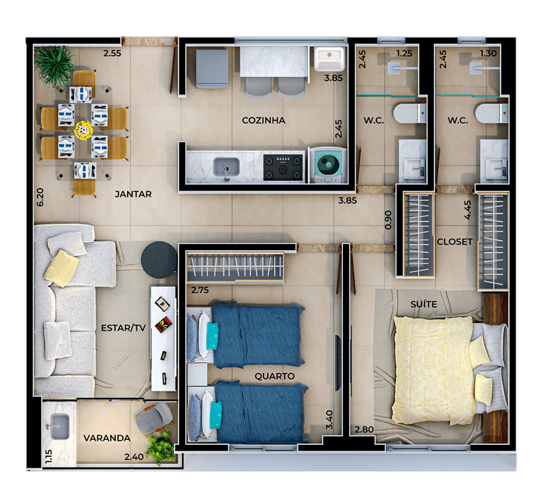 Apartamentos TIPO 02 A 63m